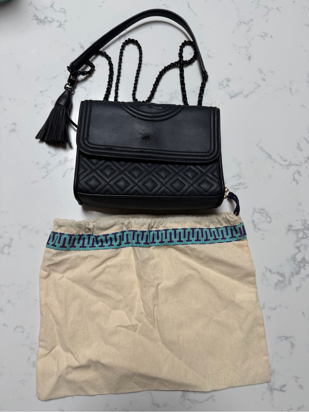 Tory Burch Black Quilted Leather Crossbody with Tassel